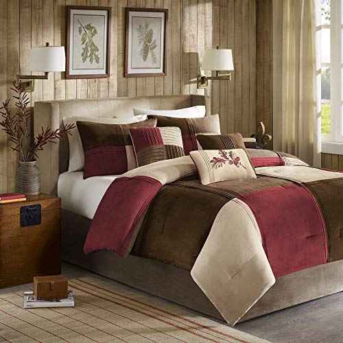 Madison Park Cozy Comforter Set Casual Blocks Design All Season, Matching Bed Skirt, Decorative Pillows, Queen(90"x90"), Red Brown, 7 Piece