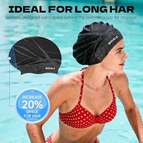WHALE Extra Large Swim Cap Designed for Men and Women with Thick, Long Hair, Hair Extensions Or Afro-Textured Hair Long-Hair Swim Cap Highly Waterproof to Keep Hair Dry