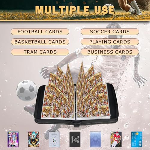 Soccer Card Binder 900 Capacity with Gold Cover - 50 Removable Sleeves, Waterproof PU Leather, 3-Ring Zipper Organizer for Collectors