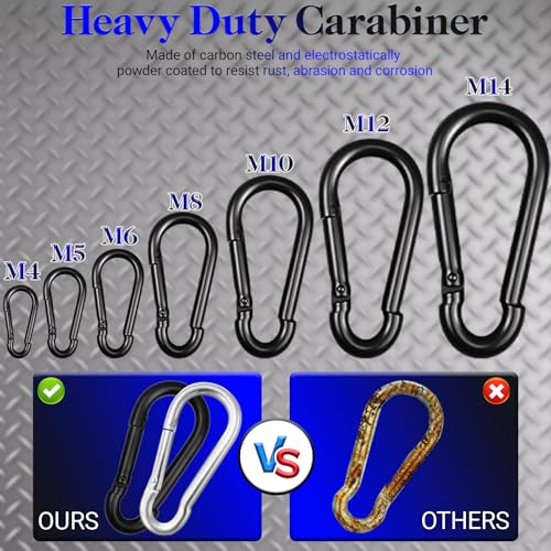 M8 Spring Snap Hook Carabiner Clip 3 Inch Black 5 Pack - Heavy Duty Keychain Hooks