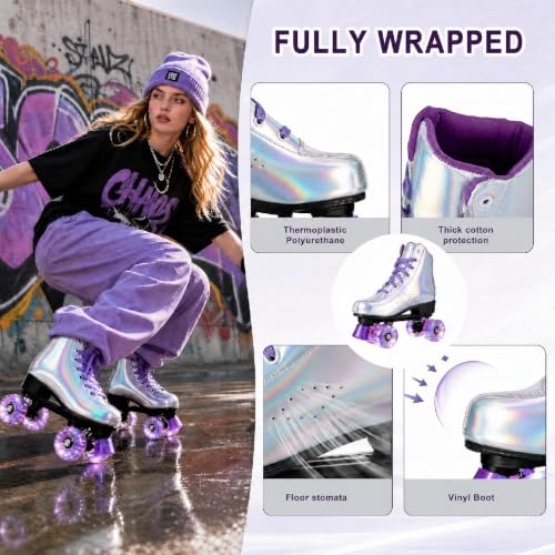 Holographic Purple Flash Quad Roller Skates for Women Men 8.5/7 Indoor Outdoor