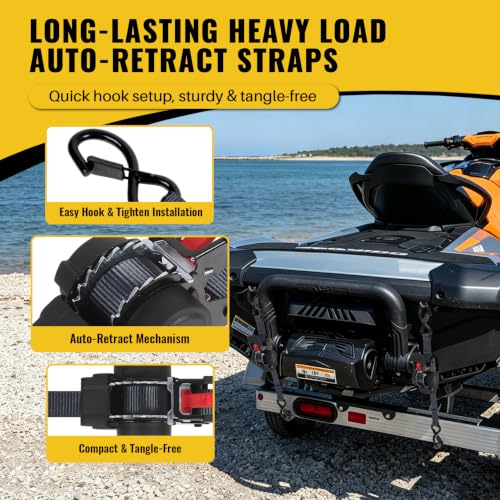 Black 1x5ft Retractable Boat Tie Down Straps with Double S Hooks - 2 Pack
