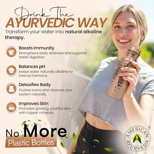 Pure Copper Water Bottle 600ml Hammered Finish Leak Proof Ayurvedic Benefits