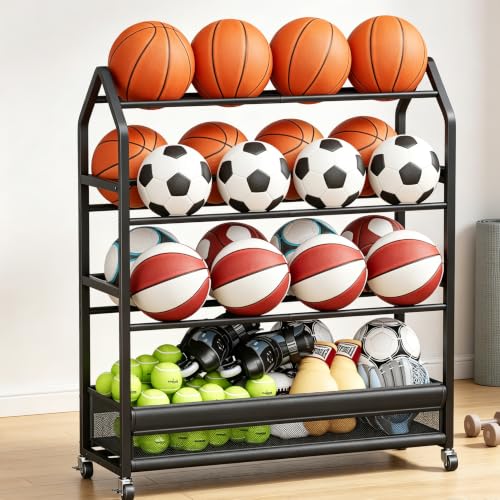Homeiju Sports Equipment Organizer with 4-Tier Ball Storage & Hooks