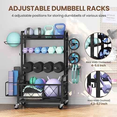 Yaheetech Dumbbell Rack Yoga Mat Storage Rack Home Gym Workout Equipment Rack Stand w/Hooks & Wheels for Dumbbells, Kettlebells, Yoga Ball, Max Load 400lb