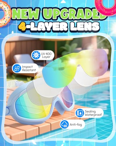 Kids Swimming Goggles 2 Pack - Pink & Light Blue, Anti-Fog UV, No Leak, Wide View for Boys & Girls 3-14