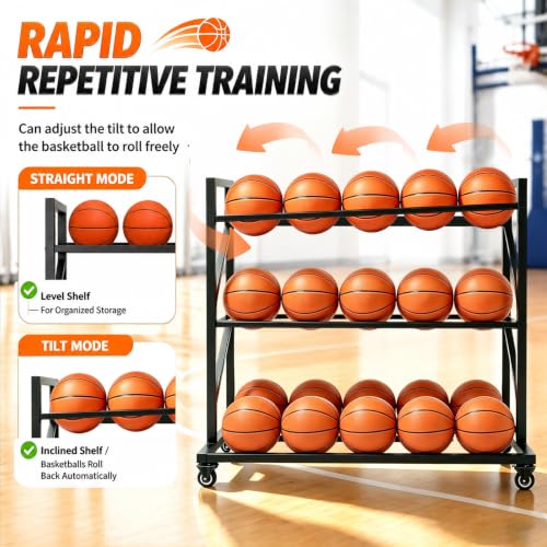 3-Tier Basketball Storage Rack with 20-Ball Capacity & Rolling Wheels