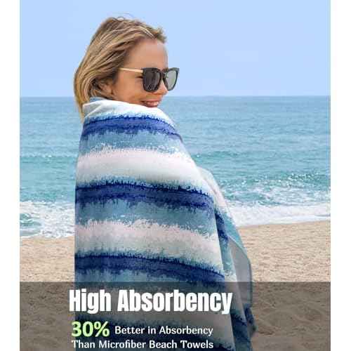 cabanana Large Beach Towel Oversized - Cotton Velour 35 x 70 Inch Coast Waves Camo Striped Terry Pool Towel, Cabana Soft Swimming Towel for Adults Women Men (Teal Blue)