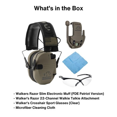 Walker's Razor Slim Electronic Muff (FDE Patriot Version) Bundle Razor Walkie Talkie Attachment, Crosshair Sport Shooting Glasses (Clear), and Microfiber Cleaning Cloth (4 Items)