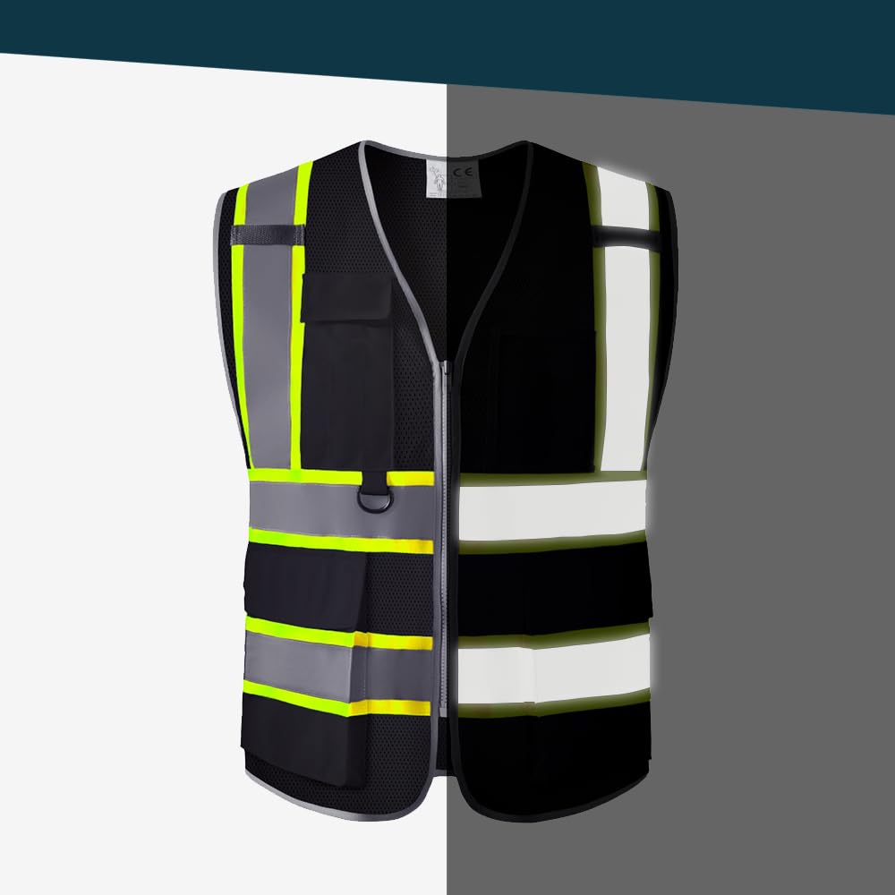IDOU Black Hi Vis Safety Vest for Security Men Women, Reflective Work Vest with 8 Pockets, Zipper & Breathable Mesh/L