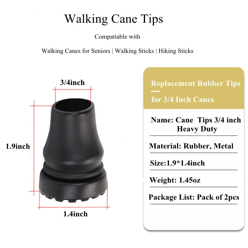 Heavy Duty Rubber Cane Tips 3/4 Inch - Non-Slip Replacement for Walking Stick, Hiking, Crutches - Black, Pack of 2 - Variation of Cane Tips for 3/4'' Walking Stick