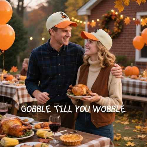Embroidered Turkey Hats for Men & Women, Vintage Thanksgiving Trucker Hat, Adjustable Cotton Two-Tone Baseball Cap Orange/Beige