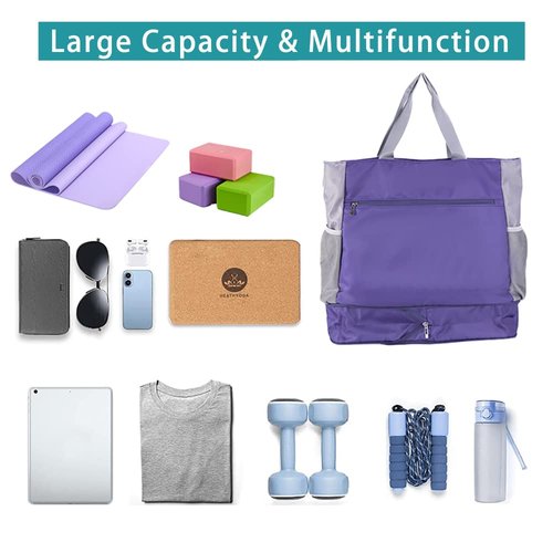 FATOLXX Pilates Yoga Tote Bag - Waterproof Hot Yoga Mat Holder Carrier for Women Fits Your All Stuff with Wet Pocket and Bottle Holder-Purple/Grey