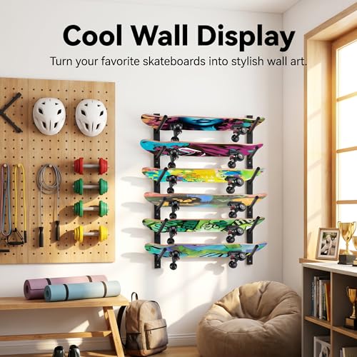 Skateboard Wall Mount Rack - 6 Layers Black for All Boards & Accessories