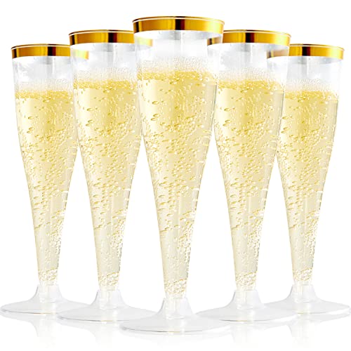 100 Pack Gold Rim Champagne Flutes - 4.5 oz Plastic Disposable Glasses