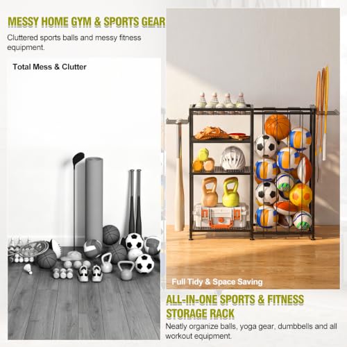 Garage Ball Storage Rack with Hooks & Bungee Organizer for Sports & Toys