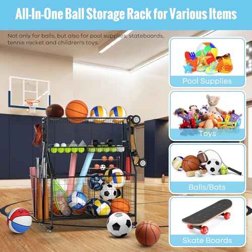 WUC Sports Equipment Garage Organizer - Garage Ball Storage Rack with Basket, Hooks and Rolling Cart for Sports Gear and Toy Storage, Black