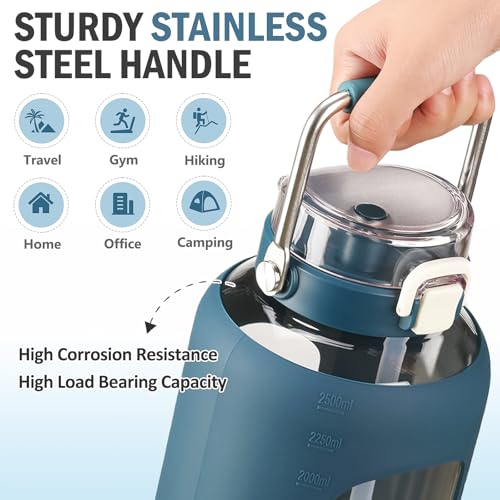 84oz Glass Water Bottle with Dual-Purpose Lid and Silicone Handle - Dark Blue