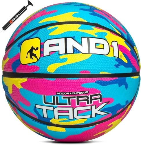 AND1 Rubber Basketball - Official Size 7 (29.5") Indoor/Outdoor - Yellow/Pink