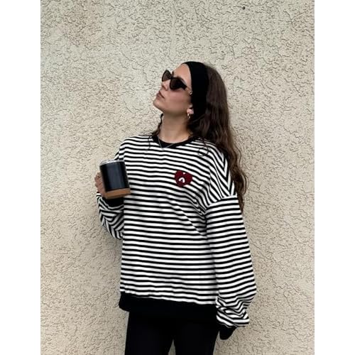 Aelfric Eden Oversized Sweatshirt for Women Crewneck Striped Sweatshirt Preppy Shirts Y2K Tops