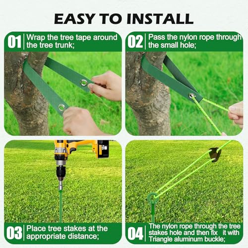 Tree Stake Kit 3-Pack for Leaning Trees, 18-Inch Support Stakes with Straps - Green-03