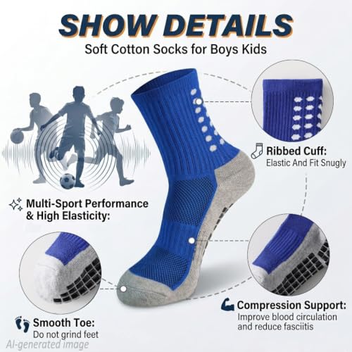 Kids Soccer Grip Socks 10-12 Years Black White 6 Pairs Cushioned Non Slip Athletic Socks for Boys