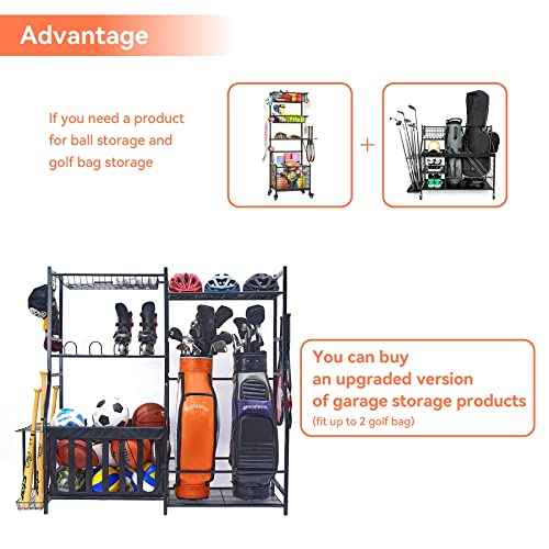 WALMANN Garage Sports Equipment Organizer, Golf Bag Stand for Garage Ball Storage Rack Indoor/Outdoor Kids Toys Storage Organizer Bins, Ball Holder with Baskets