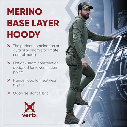 Vertx Mens Merino Wool Base Layer Hoody Pullover, Long Sleeve, Quick Dry, Outdoor Wear, Tactical Clothing
