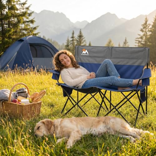 Overmont Double Camping Chair - Blue Loveseat with Cup Holders, Foldable & Heavy Duty