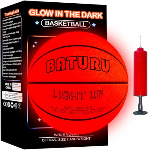 Glow in the Dark Basketball Size 7 with Pump - Impact Activated Night Game Toy for Kids