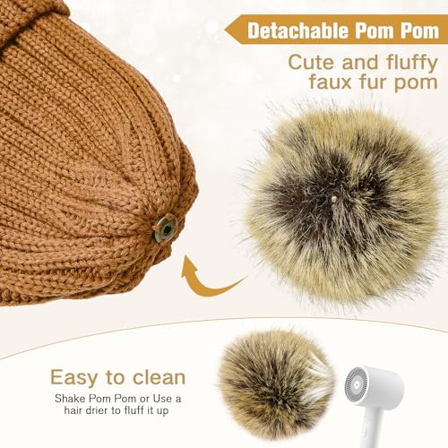 Satin Lined Beanie for Women Knit Winter Hats Silk Lined Womens Beanie with Detachable Pom Pom