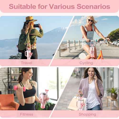 Stanley Cup Accessories Set,Bow Straw Cover, Water Bottle Handle Strap, Siliocne Cup Boot, Pearl Charms, Straw Topper for 40oz & 30oz Stanley Tumbler for Women (Pink)