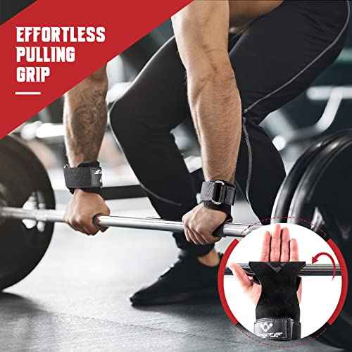 COFOF Weight Lifting Wrist Strap, Double Layer Leather Wrist Strap for Deadlift and Powerlifting, Adjustable Neoprene Padded Gym Workout Lifting Hooks (Pair)