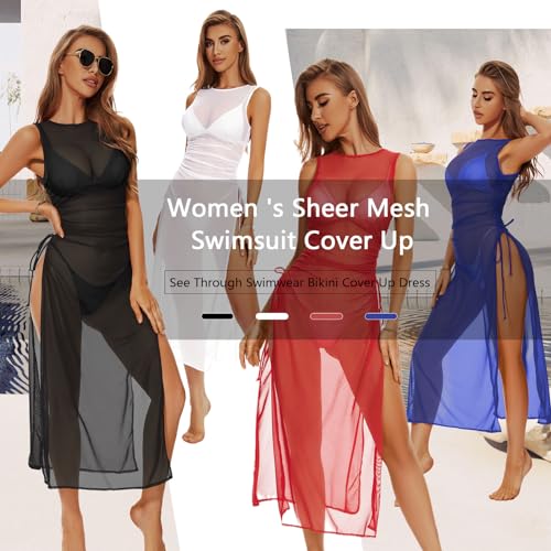 Women's Sheer Mesh Swimsuit Cover Up Dress - Medium White, High Split Drawstring