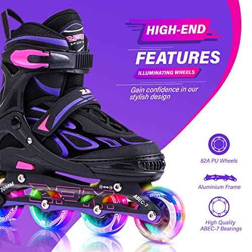 2PM SPORTS Vinal Girls Adjustable Flashing Inline Skates, All Wheels Light Up, Fun Illuminating Skates for Kids Men Adult Women and Boys