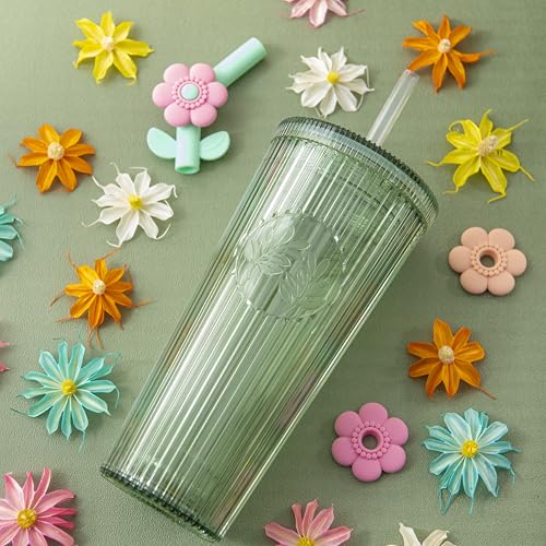 Bzyoo 26oz BPA-Free Tumbler with Straw & Lid - Green Flower Variation
