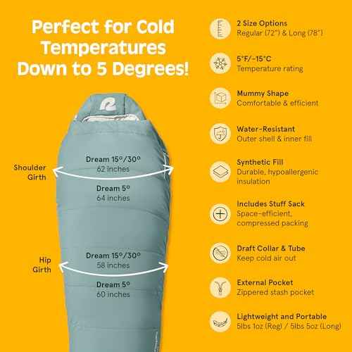 Retrospec Dream Mummy Sleeping Bag - 5, 15, & 30¡ÆF Cold Weather Camping & Travel Essential Gear with Water - Resistant Shell & Synthetic Fill - Zippered Pocket & Stuff Sack