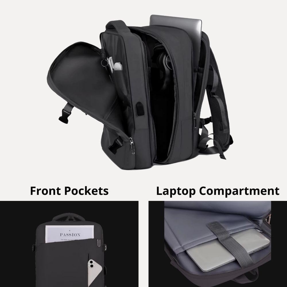 Homefy 35L Black Travel Laptop Backpack for Men & Women, Waterproof & TSA-Friendly Carry On for 17.3'' Laptops, Flight Approved Personal Item with USB Charging Port