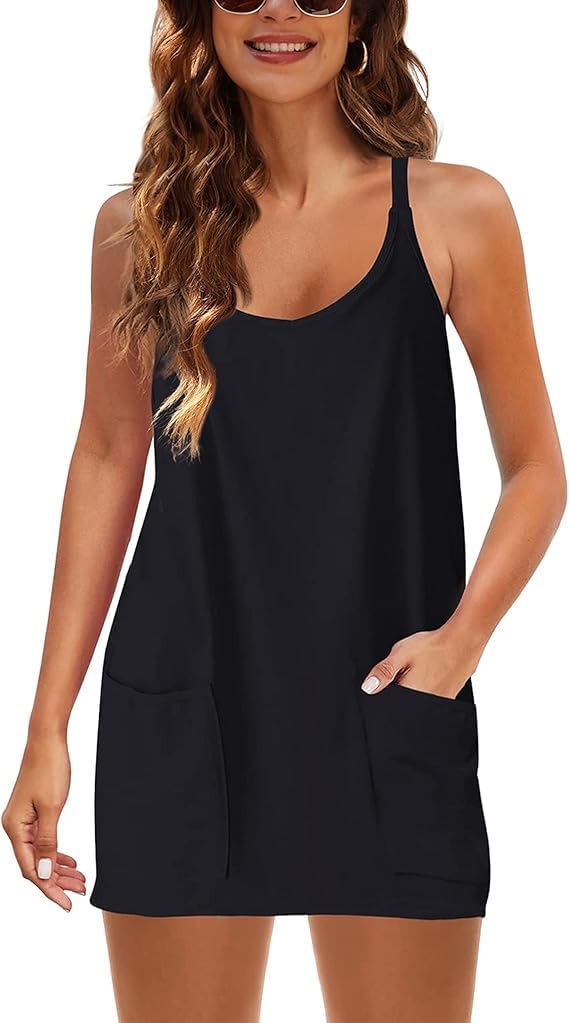 IQSQSQ Womens Sleeveless Athletic Hot Shot Mini Dress with Built-in Shorts Sundress(Black-M)
