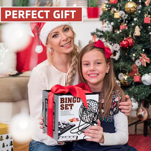 Family Bingo Game Set with Metal Cage and Chips for Kids & Adults