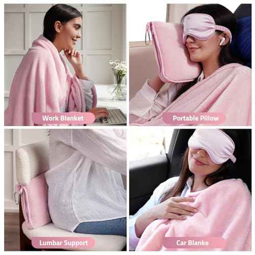 Travel Blanket, Airplane Blanket with Bag, Ultra-Soft, Warm & Lightweight, 65x40 in, Outdoor Blanket Essentials for Women, Men & Kids, Included Eye Mask, Luggage Sleeve & Backpack Clip
