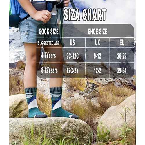 Yebing Kids Merino Wool Hiking Socks Boys Girls Toddlers Winter Warm Thermal Thick Cushion Boot Crew Gift Socks 6 Pairs