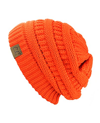 Unisex Neon Orange Cable Knit Beanie Hat - Warm Chunky Soft Stretch Winter Accessory