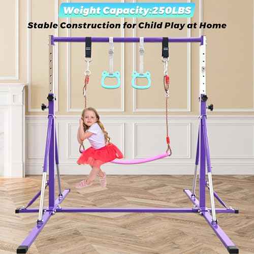 Foldable Gymnastics Bar,5FT Horizontal bar,Adjustable Kids Training bar for Kids Ages 3-15,Kids Gymnastics bar,Triangle Stable Structure-Gym Equipment for Home