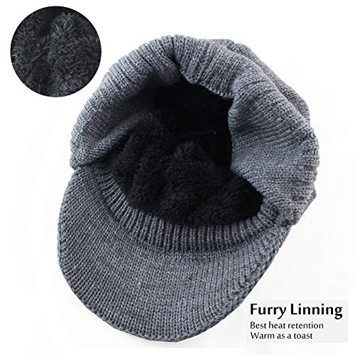Winter Beanie w/Visor & Earflaps for Men Outdoor Fleece Hat Scarf Set