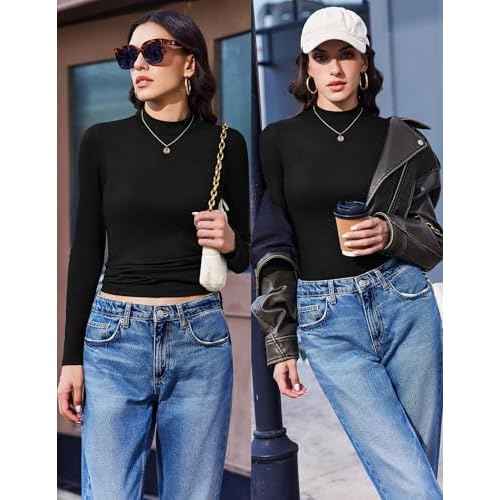 Ekouaer Mock Turtle Necks Tops for Women Long Sleeve Ribbed Shirts Thermal Slim Fit Lightweight Undershirts S-XXL
