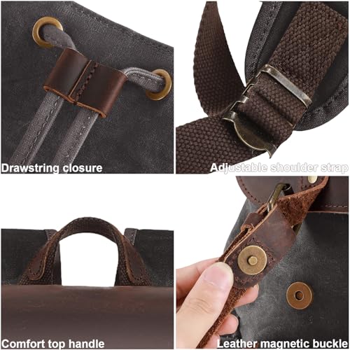 Dark Grey Vintage Waxed Canvas Backpack with Leather Accents
