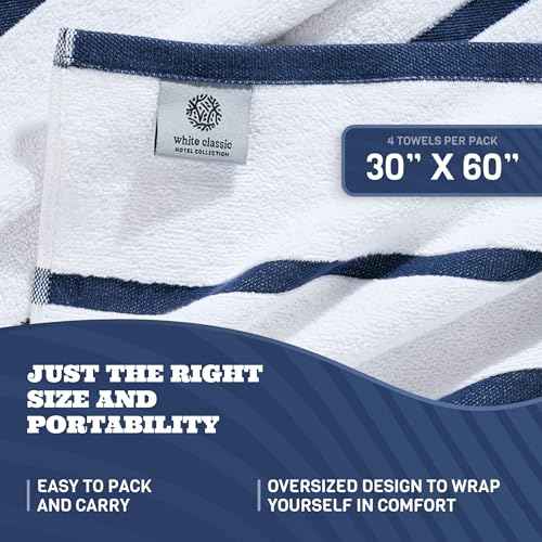 White Classic Cotton Pool Towels Oversized 30 x 60 Inches, Ultra Absorbent and Low Lint Striped Beach Towels for Adults, Stripes Design Luxury Extra Large Bath Towels, Navy Blue, 4 Pack