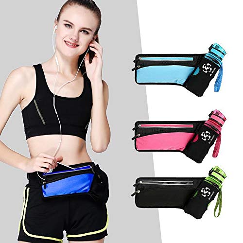 DR. HEALTH Running Belt Sport Waist Pack with Water Bottle Holder - Reflective Strips, 25-48 inch, BLACK/Light BLUE