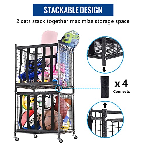 Sports Equipment Organizer Cart for Balls and Gear, Compact Metal Storage
